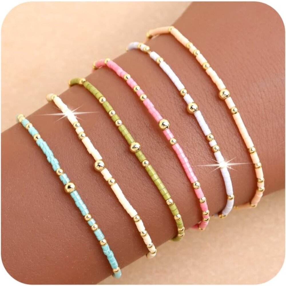 Gold Seed Beaded Bracelets Set for Women, Boho Handmade Friendship Stretch Summe